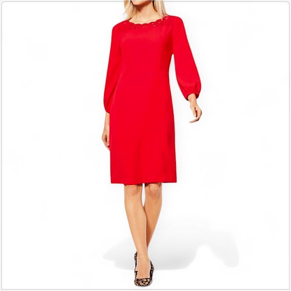 Talbots Red Crepe Embroidered Neck Knee Length Shift Dress New NWOT 8 10